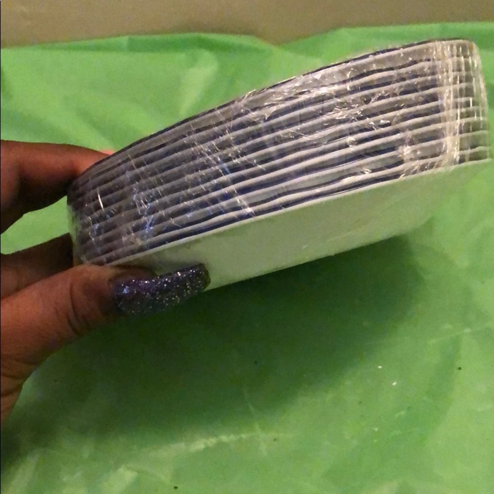 10 white blue trim saucers